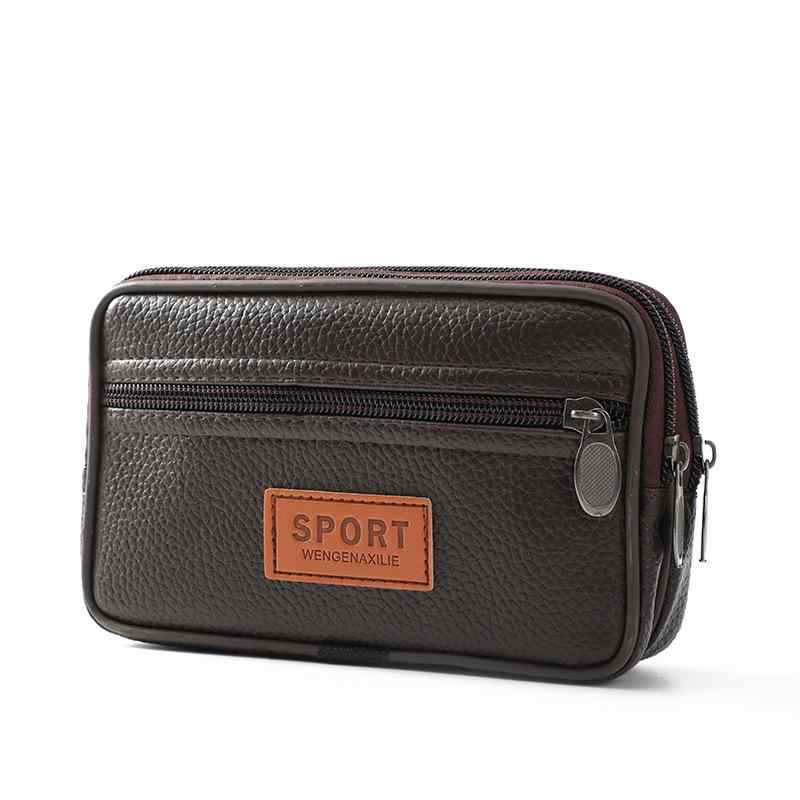 スマホポーチ メンズ 男性用 PUレザー 合成皮革 2層 ファスナー開閉 ベルト通し ウエストバッグ 横型 縦型 携帯ケース 小物入れ カジュアル アウトドア ブラウン ブラック(4)