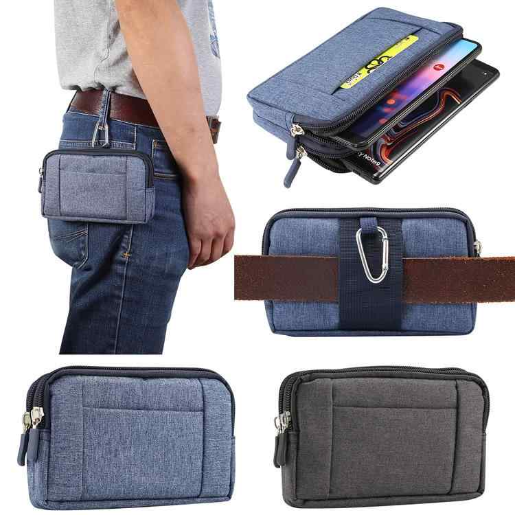 スマホポーチ メンズ 男性用 シニア オックスフォード生地 デニム調 横型 ダブルポケット ファスナー ベルト通し ウエストバッグ ウォレット 普段使い ブラック ブルー
