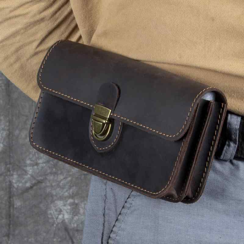携帯ポーチ メンズ 本革 クレイジーホースレザー スマホ ウエストバッグ 横型 ダブルポケット レトロ 作業用 日常使い トップグレイン牛革 ロック式 ブラウン ブラック系