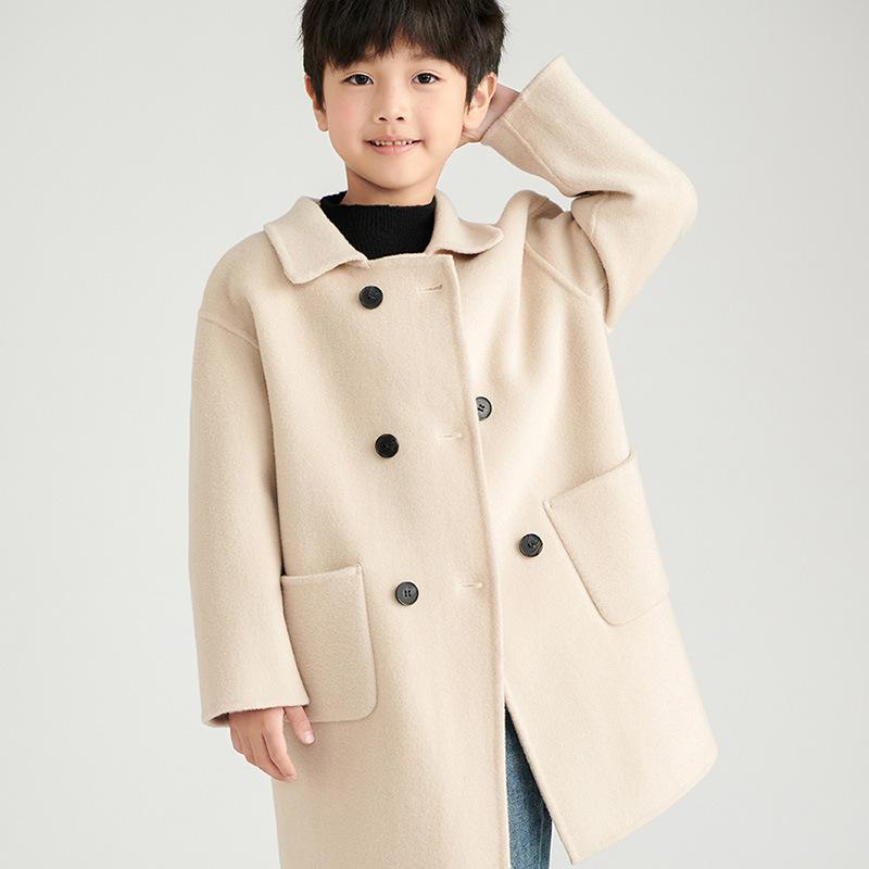 キッズコート 男女兼用 子供服 秋冬 100%純羊毛 ウール 無地 長袖 ダブルフェイス テーラードカラー ダ..