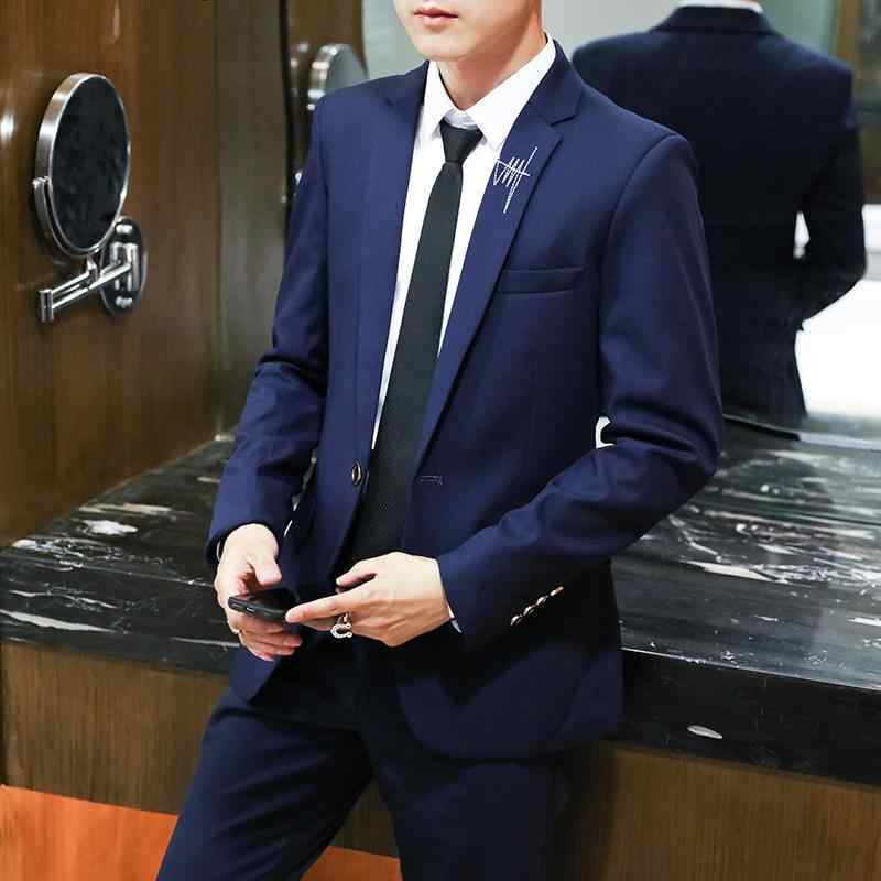 スーツ メンズ 上下セット スリムフィット ビジネス カジュアル 韓国風 結婚式 新郎 二次会 パーティ 通年 一つボタン シングルブレスト ブラック ネイビー ブルー アセテート混紡
