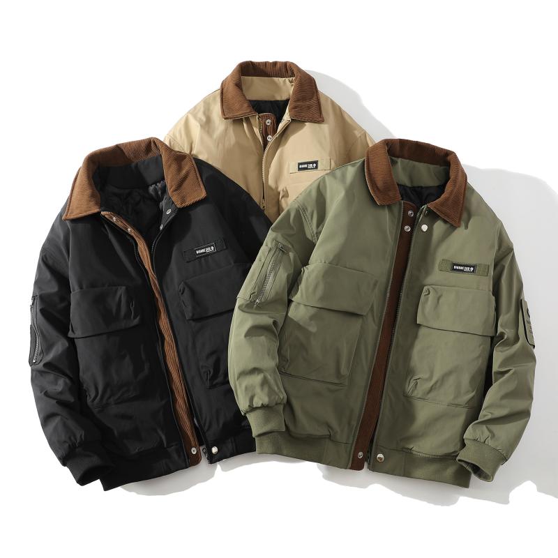 中綿 フライトジャケット メンズ 男性用 日系 ワークスタイル 襟付き 厚手 防寒 コットン シェニール ゆったり カジュアル アウター 秋冬 カーキ ミリタリーグリーン 黒