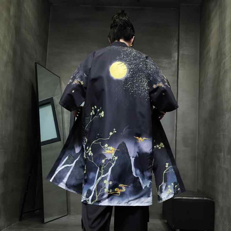 漢服 メンズ 男性用 中国風 レトロ トレンド プリント柄 カーディガン 羽織り カジュアル 接触冷感 伸縮性 春夏 普段使い 大きいサイズ ゆったり ロング丈