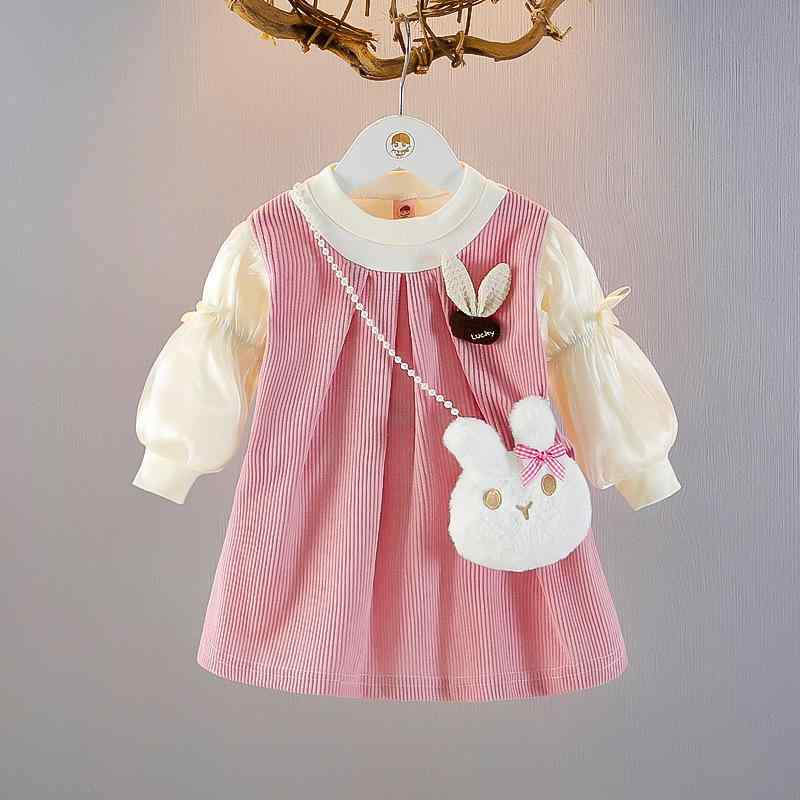 ワンピース 女の子 ベビー ガールズ 春秋 フェイクレイヤード プリンセスドレス 1歳 誕生日 セレモニー 礼服 フォーマル おしゃれ かわいい 綿 コットン 長袖 Aライン フレア ピンク チョコレート