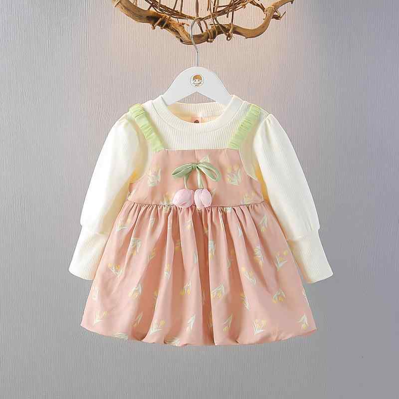 ワンピース キッズ 女の子 ベビー 長袖 フェイクサロペットスカート 春秋 小花柄 プリンセスドレス コットン Aライン フレア お出かけ 普段使い ピンク系 イエロー系 かわいい 1歳 2歳 3歳