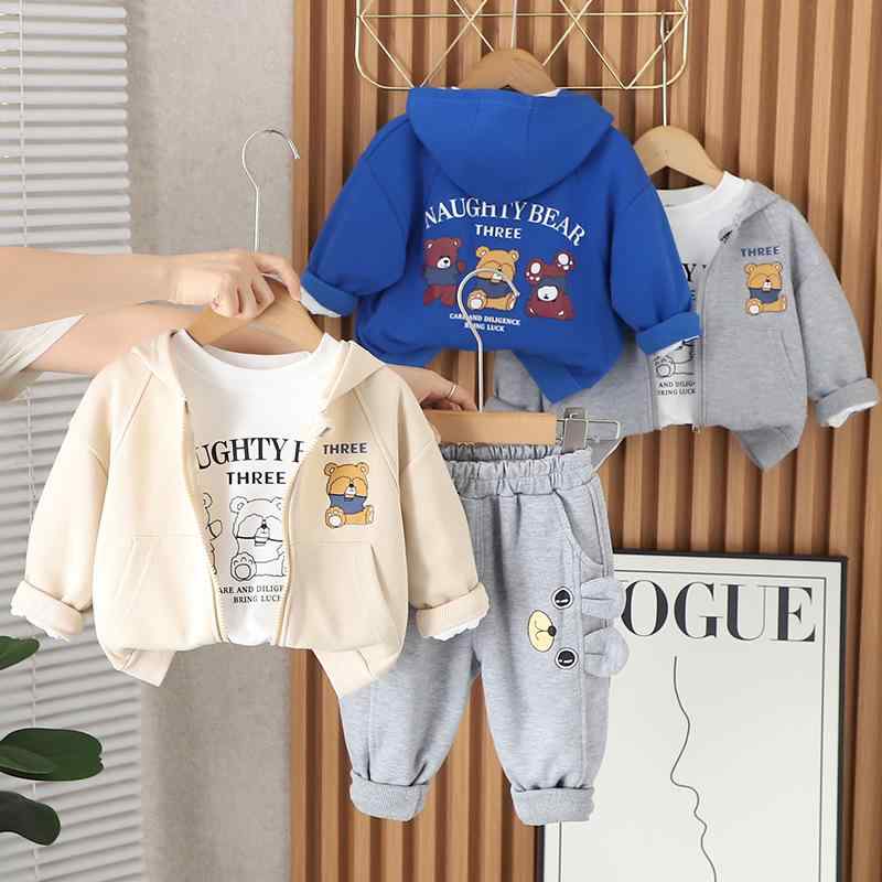 ベビー服 キッズ服 男の子 春秋 セットアップ 3点セット フード付き ジップアップ パーカー 長袖 ロングパンツ クマ柄 かわいい 綿素材 柔らかい肌触り カジュアル 普段使い お出かけ 通園 ウェア