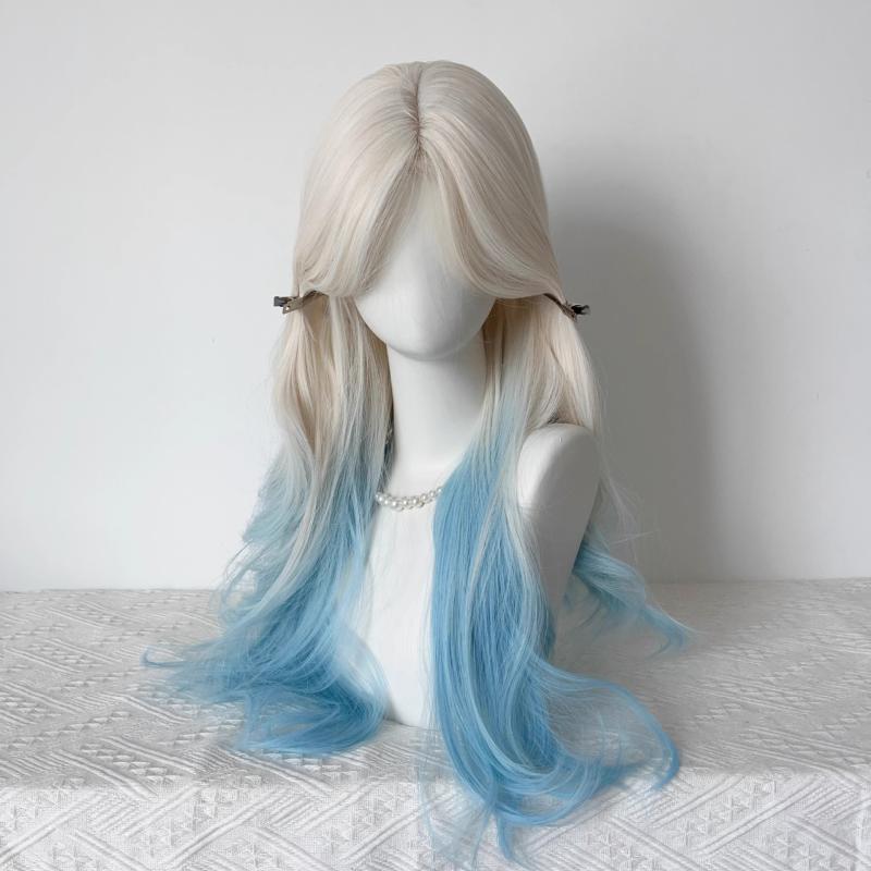 ウィッグ レディース 女性用 フルウィッグ ロングカール 大波ウェーブ プラチナブロンド グラデーション ブルー 耐熱ファイバー ナチュラル 小顔効果 普段使い 前髪アレンジ