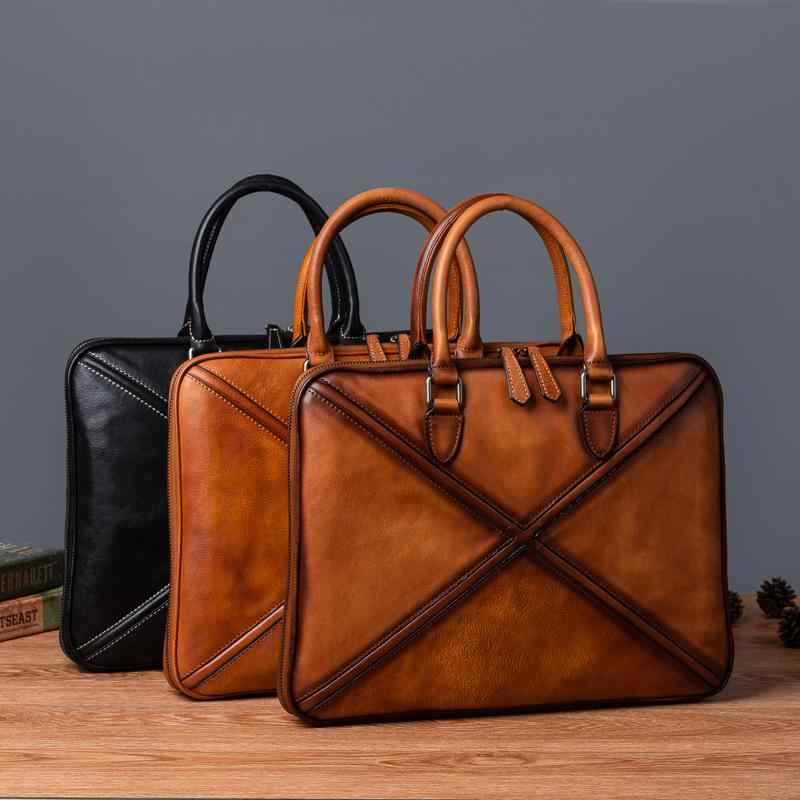 ビジネスバッグ メンズ ブリーフケース 本革 トップグレインレザー 植物タンニン鞣し 牛革 レトロ カジュアル 欧米風 14インチPC収納 通勤 通学 ビジネスシーン ブラック ブラウン 配色