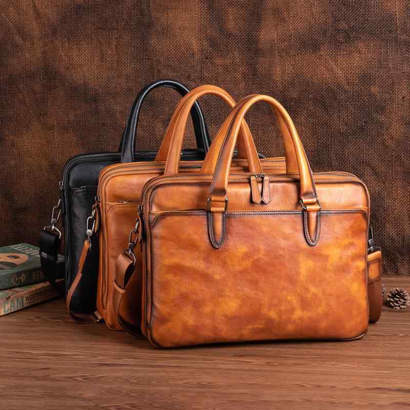 ビジネスバッグ メンズ 上質本革 牛革 多機能ポケット スマホ収納 14インチPC対応 A4ファイル収納 通勤 自立 スクエア 横型 ファスナー開閉 ショルダーストラップ付き ブリーフケース ブラック(4)