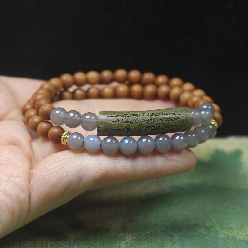 数珠 ユニセックス 白檀 サンダルウッド 二重巻き ブレスレット 緑檀 五条経 グレー瑪瑙 半バングル 天然石 木製 念珠 腕輪 パワーストーン 民族調 エスニック お守り 厄除け 開運 ファッション アクセサリー ギフト プレゼント