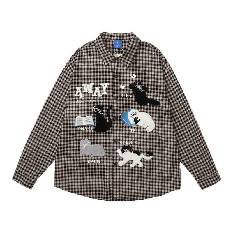 シャツ メンズ 長袖 綿 タオル刺繍 うさぎ チェック柄 スクエアカラー オーバーサイズ ビッグシルエッ..