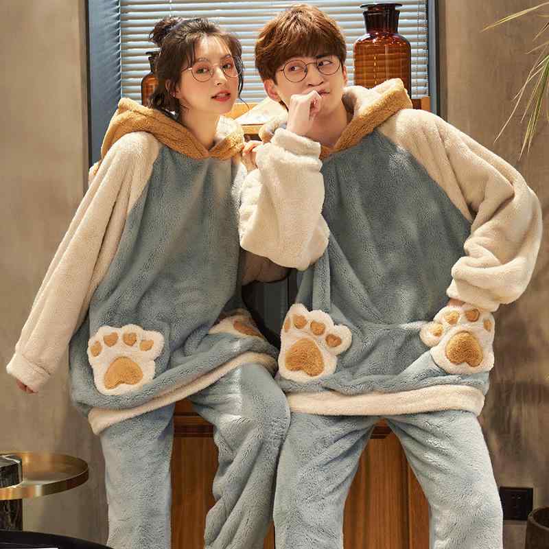 ルームウェア 部屋着 ペア カップル コーラルフリース フランネル 綿 厚手 ハイネック フード付き 秋冬..