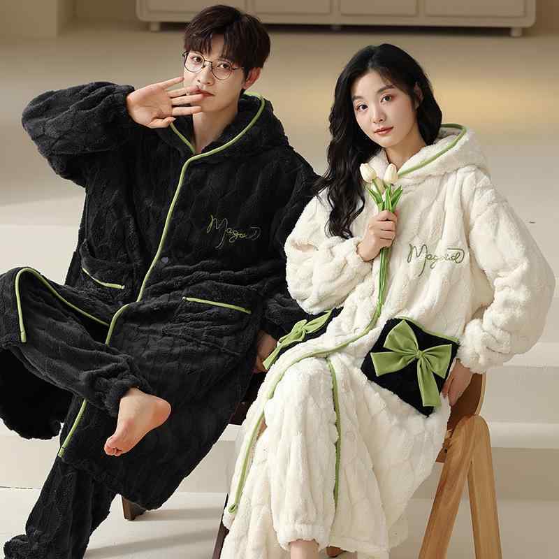 パジャマ ルームウェア ワンマイルウェア カップル ペア メンズ レディース 男性用 女性用 秋冬 冬用 綿100% コットン サンゴフリース フランネル 裏起毛 厚手 肉厚 保温 あったか 暖か 無地 シンプル セットアップ 高級感