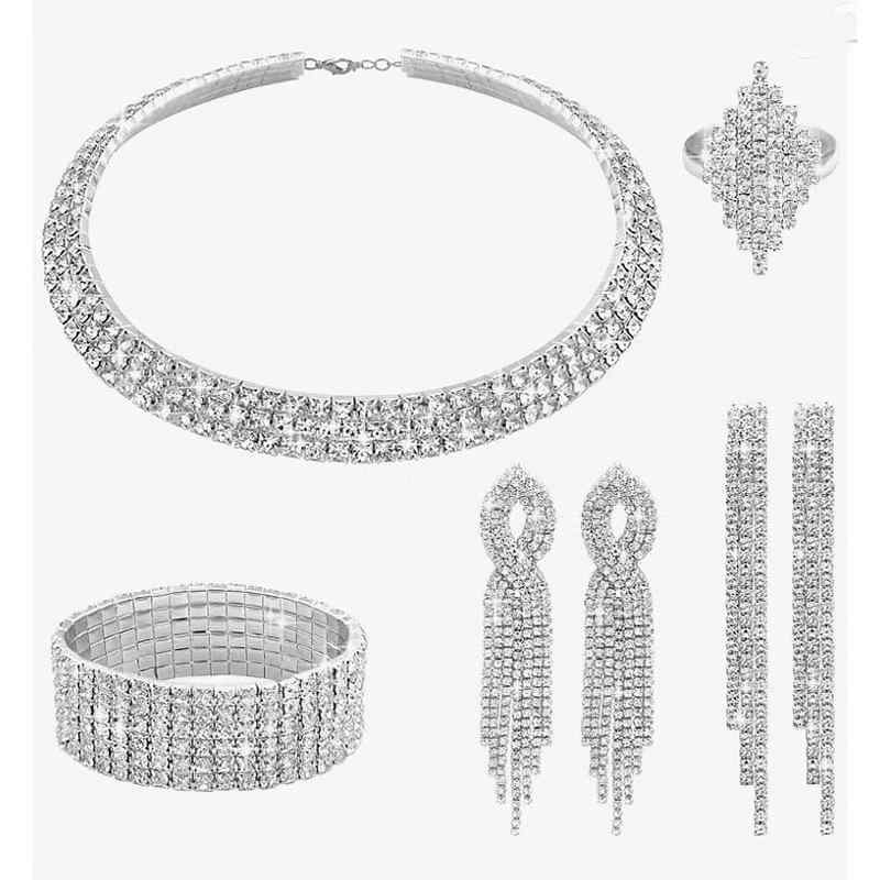 アクセサリー セット レディース チョーカー 鎖骨ネックレス ピアス ブレスレット 5点セット ラインストーン クリスタル 精巧 爪留め ..