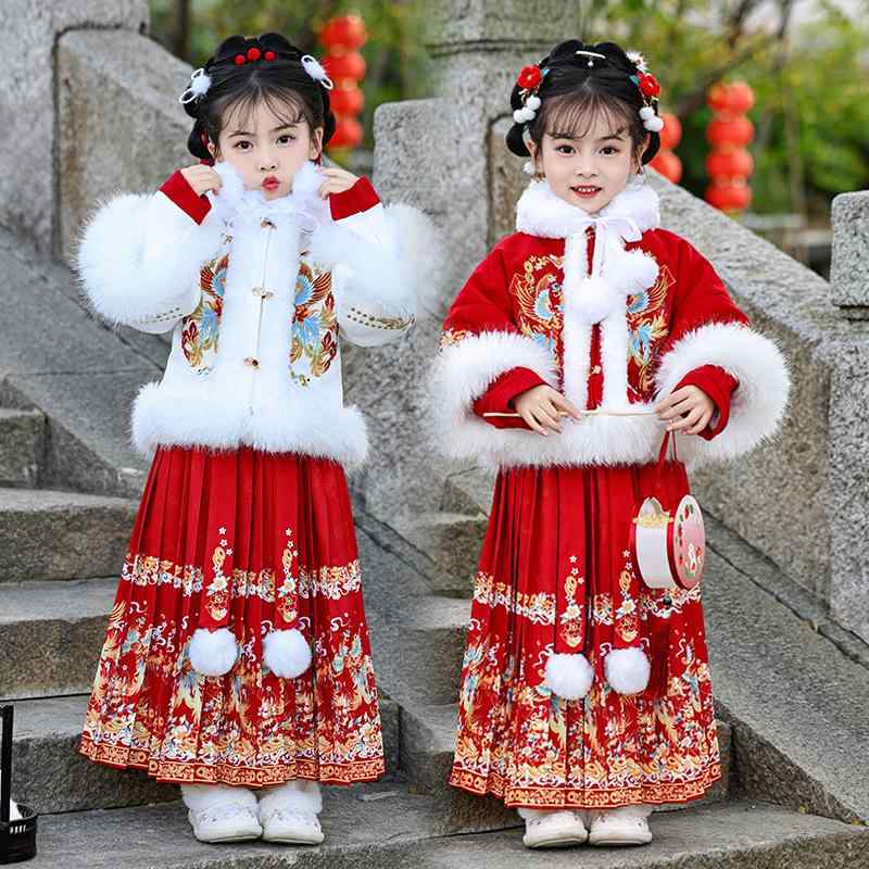 漢服 女の子 プリンセス風 上下セット お正月 祝い着 冬用 ウール 綿混 厚手 あったか 保温 柔らかい ..
