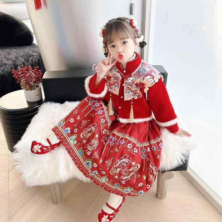 唐装 女の子 キッズ ベビー 漢服 民族衣装 雲肩 馬面スカート セットアップ 旧正月 お正月 晴れ着 ご挨..