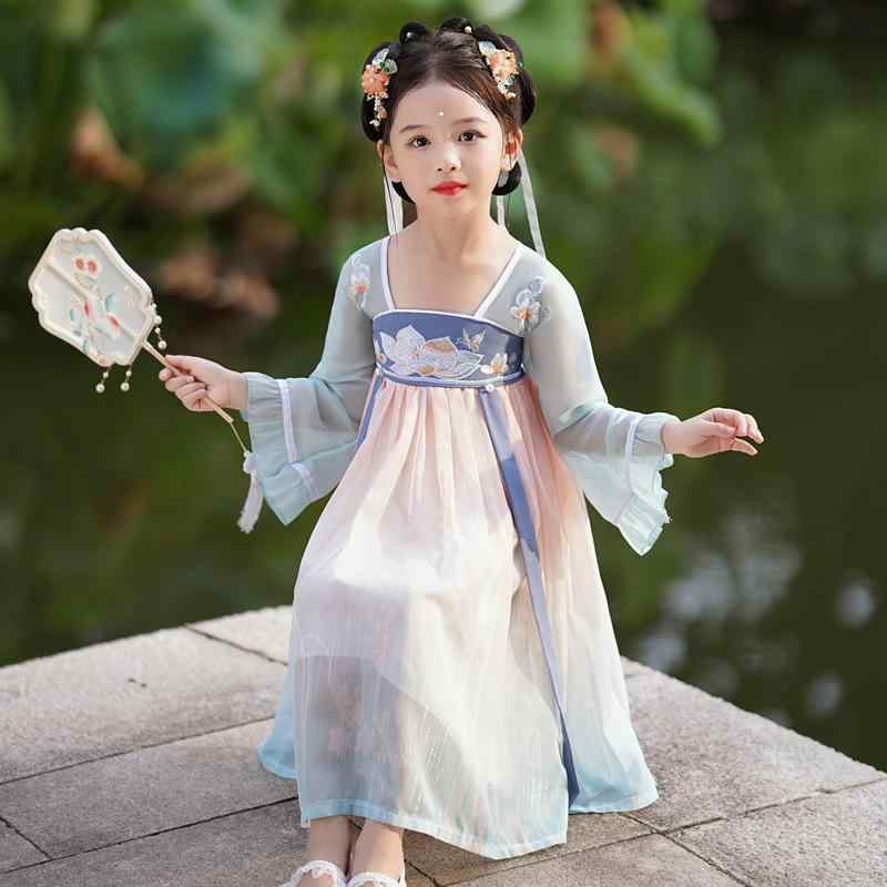 漢服 キッズ 女の子 子供用 中国風 唐装 古風 花柄 プリンセス かわいい チュール 柔らかい シフォン ..