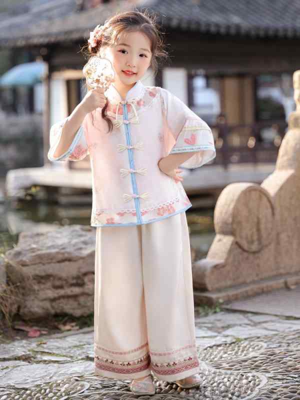 チャイナドレス 女の子 キッズ 改良 新中華風 花柄 中国風 民族衣装 唐装 漢服 スカート 2点セット 綿..