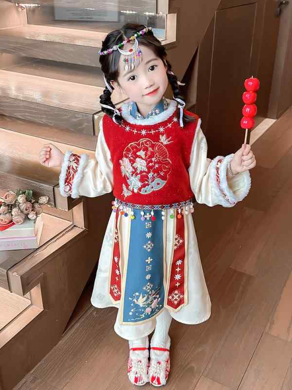 チャイナドレス 女の子 冬 裏起毛 厚手 2点セット 唐装 漢服 中国風 少数民族衣装 花柄 あったか かわ..