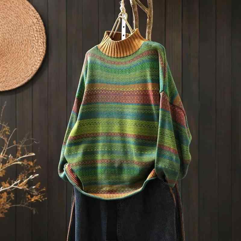 ニット レディース 秋冬 マルチストライプ カラーブロック ハイネック 綿 コットン ゆったり オーバーサイズ リラックス おしゃれ トレンド エイジレス 長袖 セーター 普段使い デイリー レトロ クラシカル(4)
