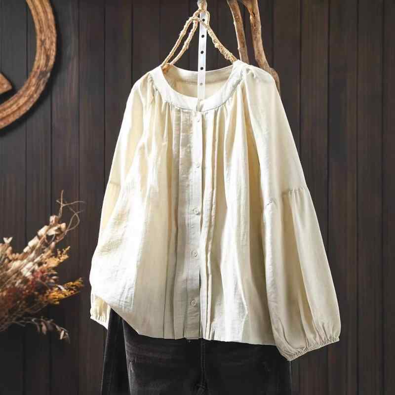 シャツ レディース 春夏 ラウンドネック パフスリーブ 長袖 ゆったり 体型カバー コットン フレンチ レトロ ドールシャツ フェミニン カジュアル