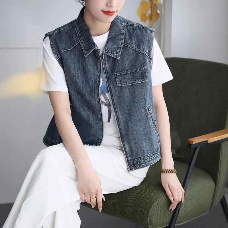 ベスト レディース デニム ジレ ファスナーポケット 襟付き テーラードカラー ノースリーブ 袖なし ゆ..