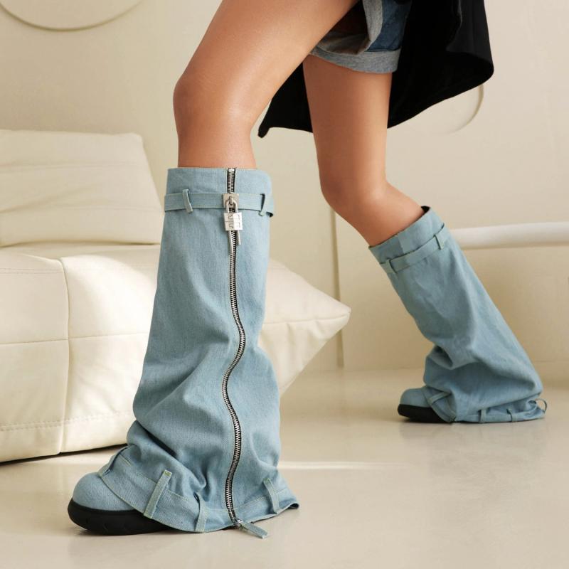 ブーツ レディース 大きいサイズ 厚底ウェッジソール デニム ロング丈 パンツイン カジュアル トレンド..
