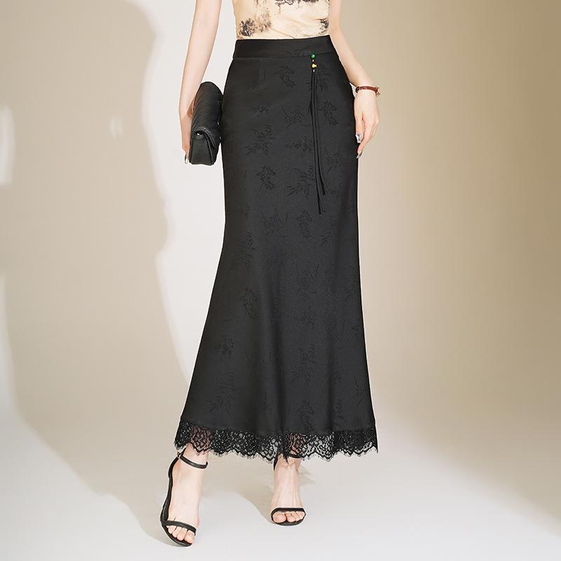 スカート レディース レース マーメイド タイト ハイウエスト ロング丈 新中華風 春夏 オフィス 通勤 カジュアル 上品 スタイルアップ 伸縮性 ポリエステル 切り替え ブラック プリーツ