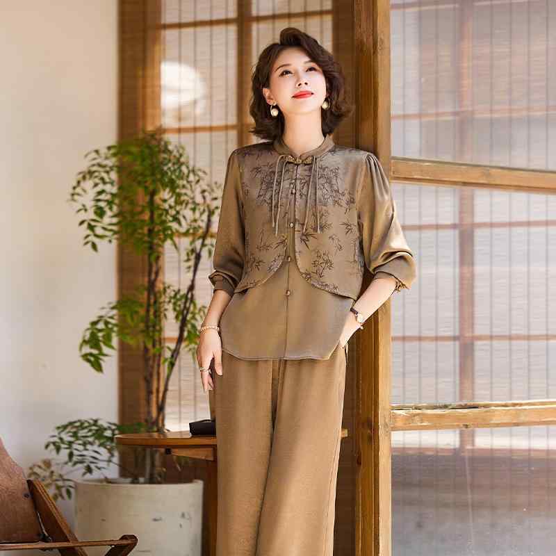 セットアップ ミセス レディース ツーピース チャイナテイスト ブラウス 秋冬 ゆったり 体型カバー カジュアル 上品 お出かけ ポリエス..