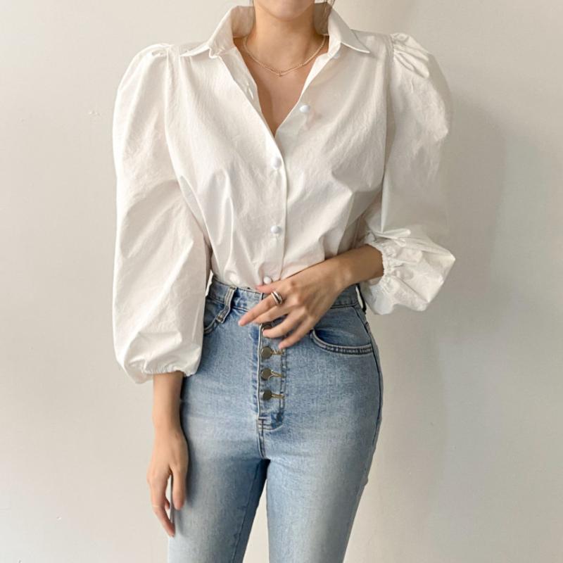 シャツ レディース 韓国風 フレンチシック シンプル 無地 ゆったり 長袖 ポロ襟 パフスリーブ ベーシック 着回し カジュアル 春夏 ブラウス ポリエステル