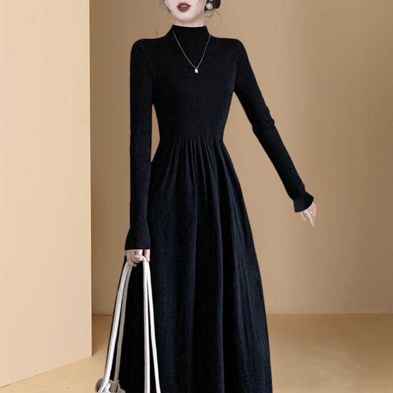 ワンピース レディース ニットワンピース セータードレス 厚手 ハイネック 長袖 プルオーバー パフスリーブ ミディ丈 ハイウエスト 秋冬 高級感 エレガント 上品 コートインナー シェニール 3D立体デザイン スタイリッシュ オフィス 通勤 ブラック