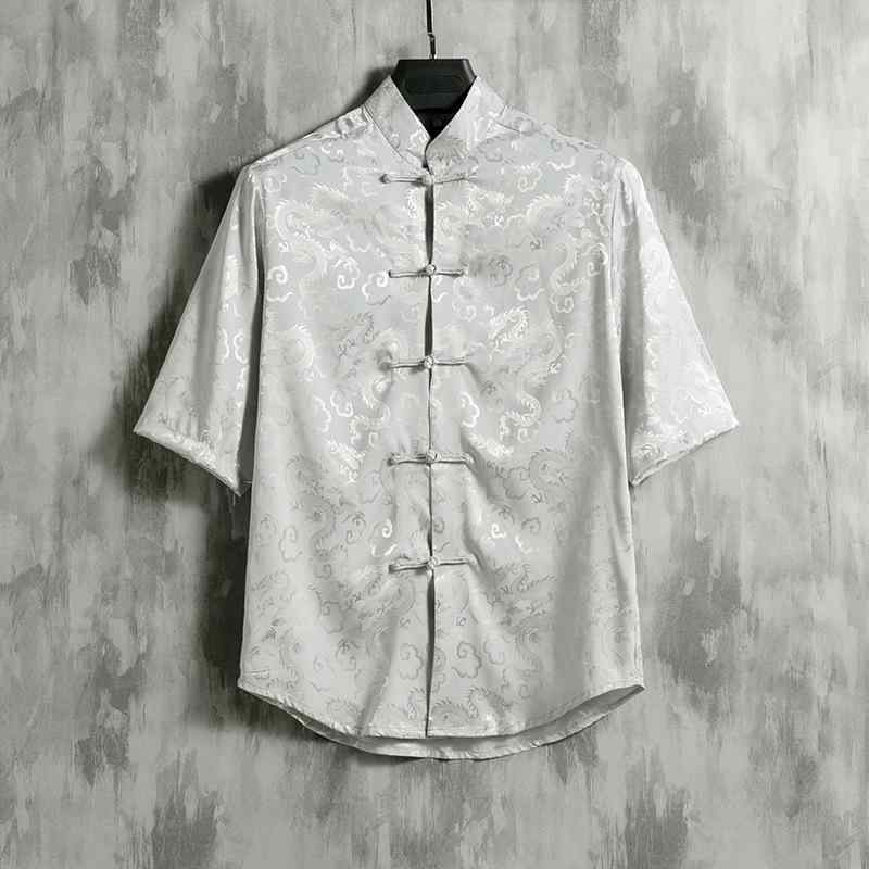 シャツ メンズ 男性用 中国風 レトロ 半袖 盤扣 チャイナボタン ジャカード織り サテン調 ゆったり 大..