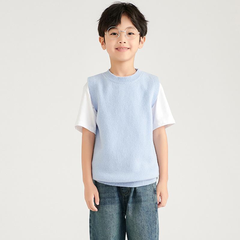 ベスト キッズ 秋冬 純羊毛 クルーネック ノースリーブ デザイン性 無地 シンプル 普段使い 通学 通園 ..