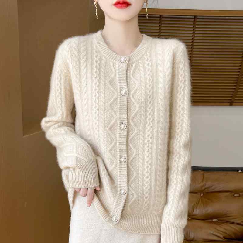 カーディガン レディース 女性用 秋冬 厳選 羊毛100% ウール クルーネック 丸首 パールボタン ジャガード織り デザイン性 ショート丈 通勤 オフィス カジュアル
