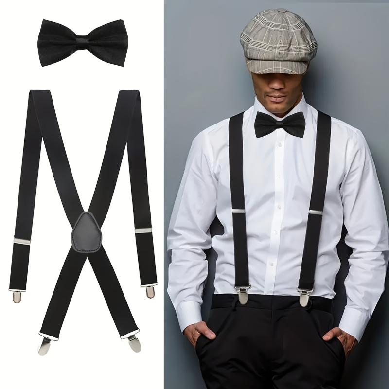 サスペンダー メンズ 男性用 ブラック X型 無地 ソリッドカラー 吊りバンド 蝶ネクタイセット ポリエス..
