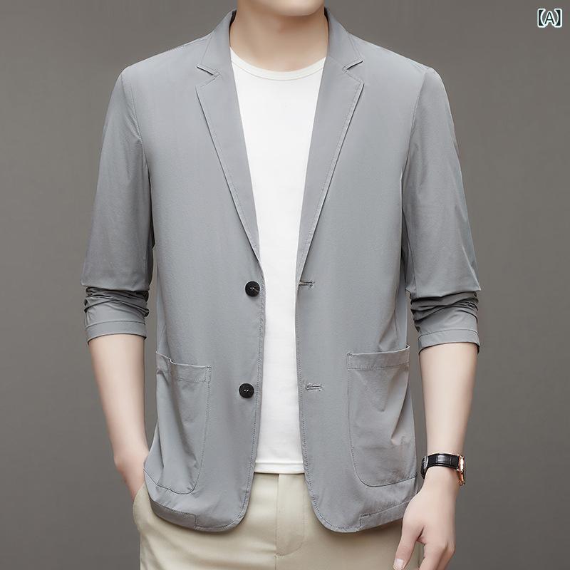 テーラードジャケット メンズ UVカット 接触冷感 スリムフィット パイピング 防シワ シングルブレスト 2ボタン ビジネス オフィス 通勤 カジュアル 化学繊維混紡 ナイロン 春夏 グレー ブラック ブルー ネイビー 無地