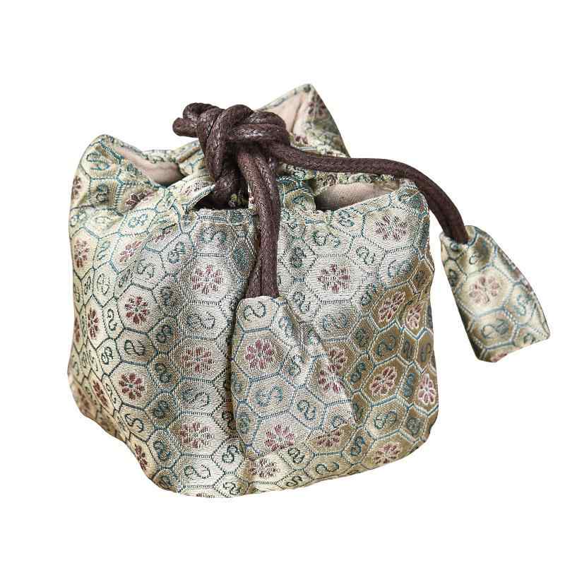 茶器袋 中国風 織錦 巾着 茶碗 収納ポーチ 主人杯 建盞用 持ち運び 保護 中綿入り 肉厚 布製 花柄 茶道 小物 一個用(x2)