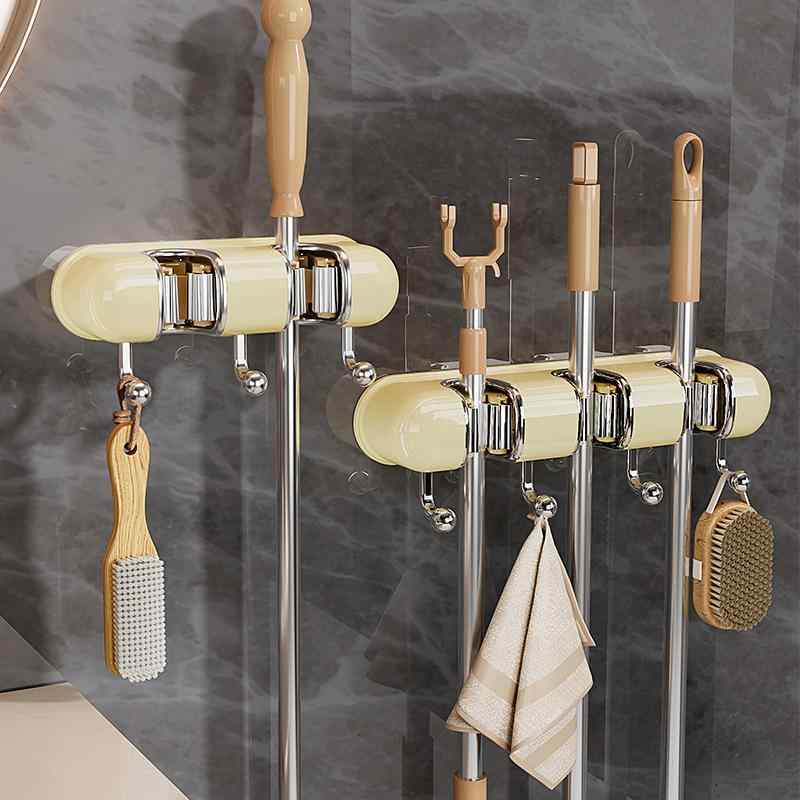 モップホルダー 壁掛け ウォールマウント 連結式 穴あけ不要 粘着式 跡が残らない 浴室 洗面所 玄関 キッチン 家庭用 高級感 収納 便利グッズ(x2)