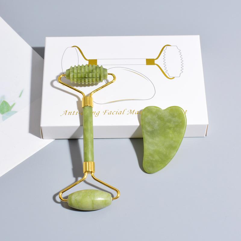 美容器 突起型 フェイスボディローラー 翡翠 ジェード 天然石 マッサージ 両頭 牛角 カッサプレート セ..