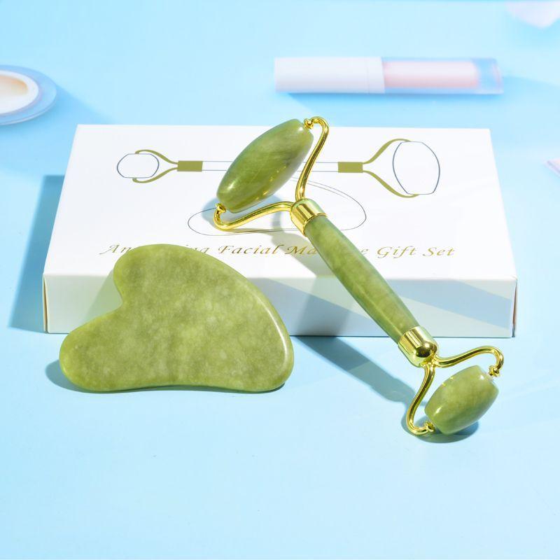 美顔器 天然石 翡翠 緑鳳玉 ローラー マッサージスティック 両頭 ハンディ フェイスケア ボディケア リフトアップ 血行促進 スキンケア 美容セット(x2)