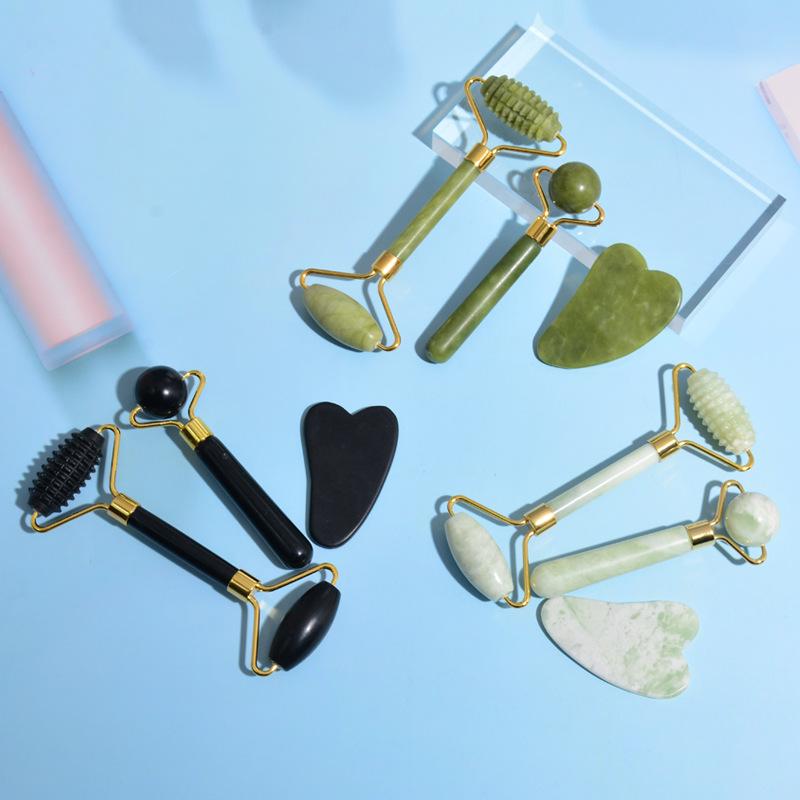 楽天花りぼん美顔ローラー 翡翠 ジェイド 天然石 フェイス 目元 かっさ マッサージ 3点セット 小顔 リフトアップ エイジングケア スキンケア（x2）