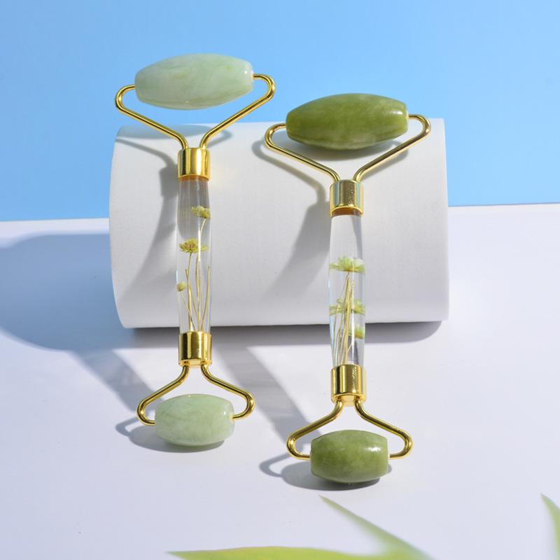 美顔ローラー 天然石 翡翠 ジェイド 甲翠 緑鳳玉 経絡ケア フェイシャルマッサージ ダブルヘッド 樹脂..