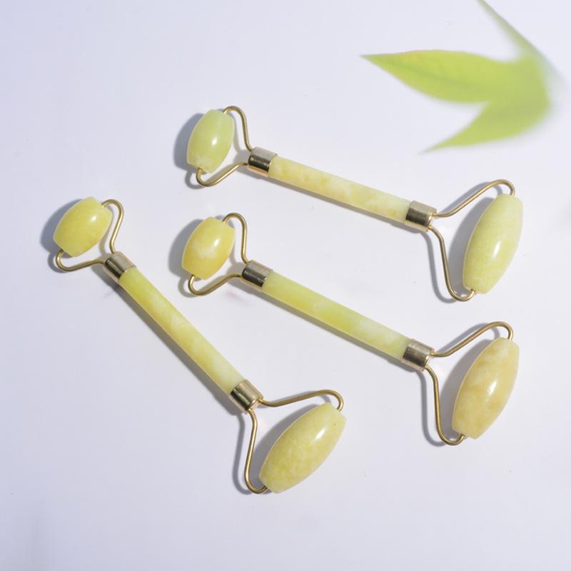 美顔器 黄玉ジェード 天然石 フェイスローラー ダブルヘッド ワイヤーフレーム 顔用 スキンケア マッサ..