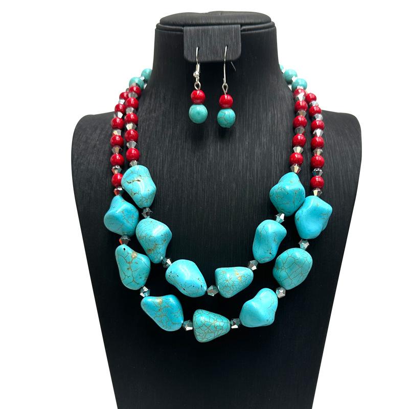 アクセサリーセット レディース 欧米風 レトロ ヴィンテージ ターコイズ 人工クリスタル ビーズ ネックレス イヤリング ピアス ファッション 通勤 普段使い ラウンド 丸玉チェーン(x2)