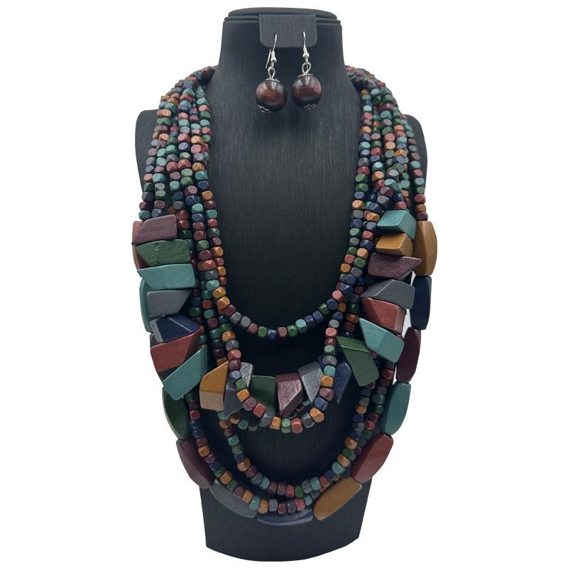 ネックレス レディース ボヘミアン エスニック 多重 マルチレイヤー カラフル マルチカラー 木製 ウッド ハンドメイド アフリカン ロング セーターネックレス ピアス セット オーバル スクエア 幾何学模様 レトロ ヴィンテージ(x2)
