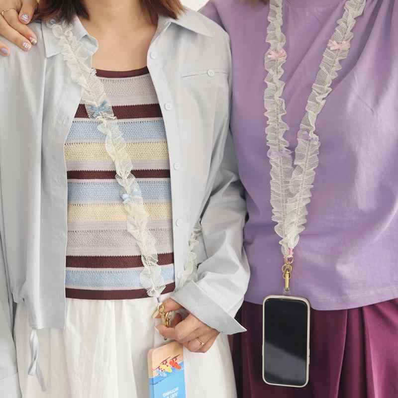 スマホストラップ レディース 個性的 かわいい 甘め メッシュ フリル レース リボン ネックストラップ ショルダーストラップ(x2)