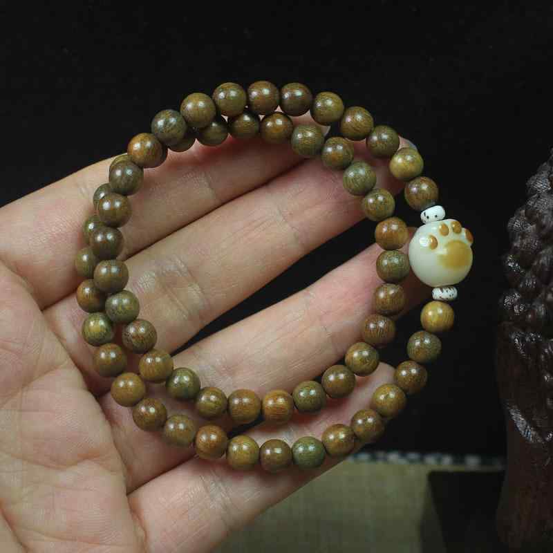 ブレスレット 女性用 緑檀 グリーンサンダルウッド 香り付き 6mm 二連 数珠 念珠 蓮モチーフ 猫足モチーフ 木製 エスニック調 パワーストーン ラッキーアイテム