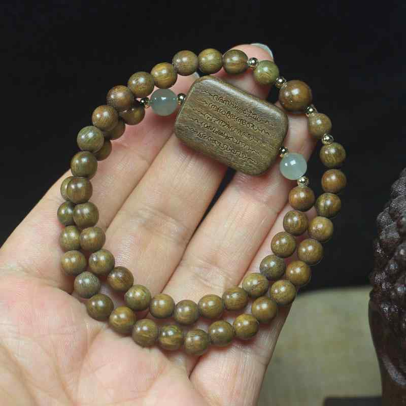 ブレスレット 男女兼用 グリーンサンダルウッド 6mm ダブルラップ 数珠 念珠 五条経プレート 天然木 アクセサリー お守り 開運 エスニック 普段使い ギフト