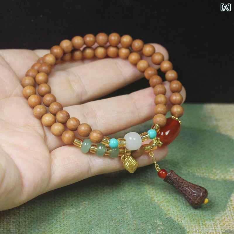 数珠ブレスレット メンズ レディース 白檀 サンダルウッド 6mm玉 瑪瑙桶珠 福牌 血檀 花瓶ペンダント 天然木 香木 念珠 腕輪 アクセサリー お守り 厄除け ダブルレイヤー