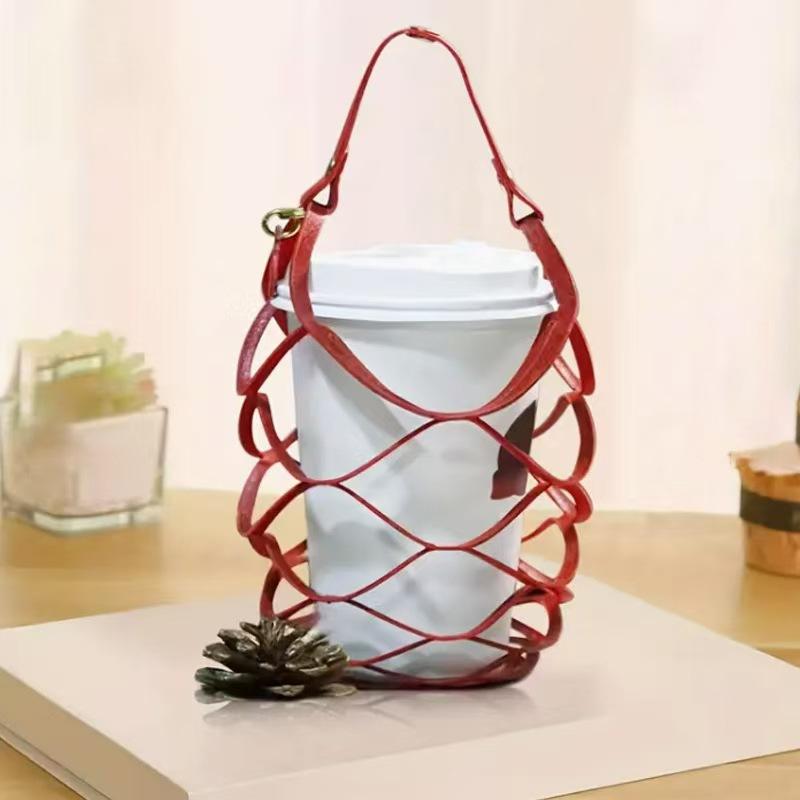 ドリンクホルダー PUレザー リブメッシュ パラコードストラップ 手持ち カップスリーブ テイクアウト ..